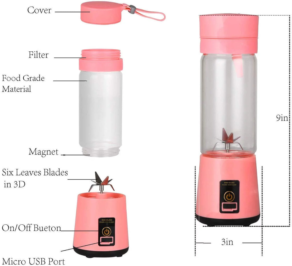 400Ml Portable Blender, USB Rechargeable Smoothie Blender Personal Juicer Cup Fruit Mixer, High Borosilicate Glass Cup, Pink