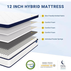 Full Size Mattress, 12 Inch Full Mattresses in a Box, Hybrid Spring Mattresses with Comfort Foam and Pocket Coils