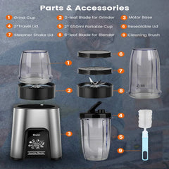 Personal Blender for Shakes and Smoothies, 11 Pieces Set Smoothie Blender for Kitchen, Ice-Crushing Power Portable Mixer. Large Capacity Pitcher, 2*23Oz+10Oz. Travel Sports Bottles, Coffee Grinder