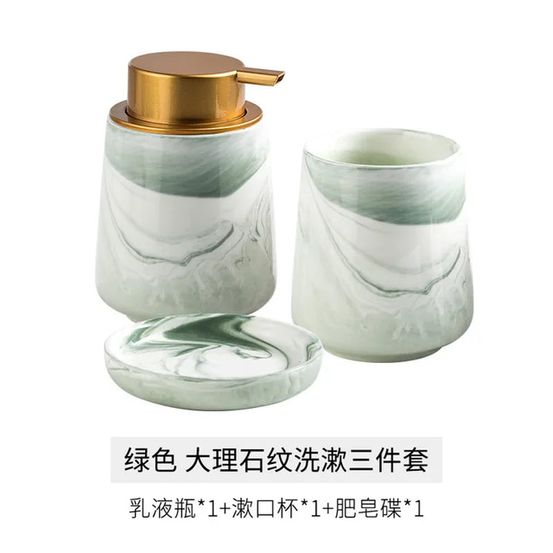 Creative Gradient Green Marbled Ceramic Lotion Bottle Toothbrush Holder Soap Dish Set Bathroom Accessories Soap Dispenser Bottle