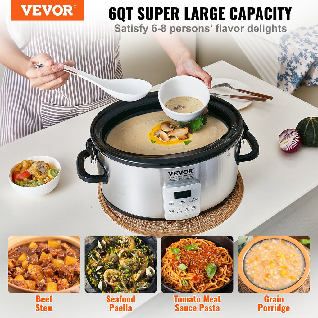Slow Cooker 6QT 240W Electric Cooker Pot 3-Level Heat Settings 20H Timer