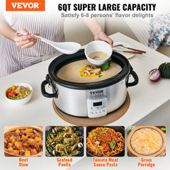 Slow Cooker 6QT 240W Electric Cooker Pot 3-Level Heat Settings 20H Timer