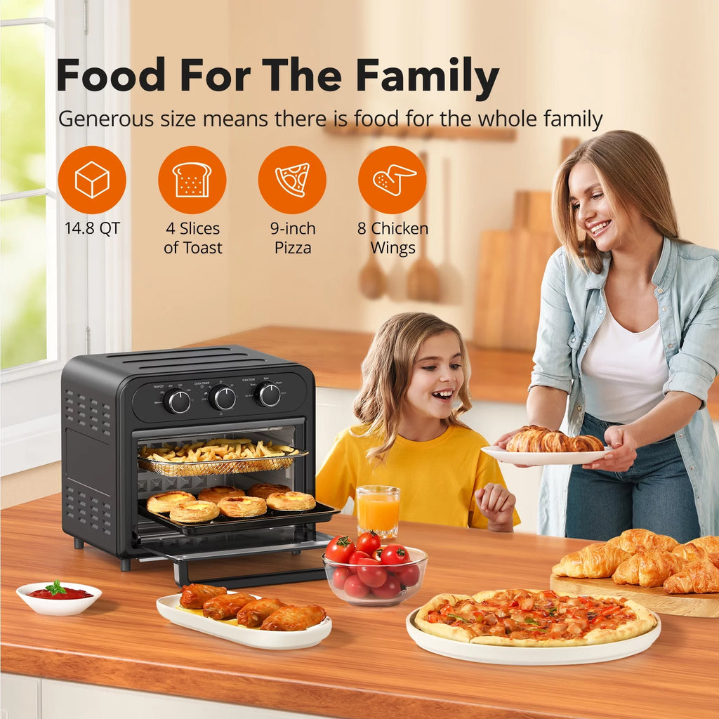 Air Fryer, 1700W 14.8 Quart, 5 in 1 Toaster Oven Countertop, Oil-Less Cooking, Stainless Steel, Black