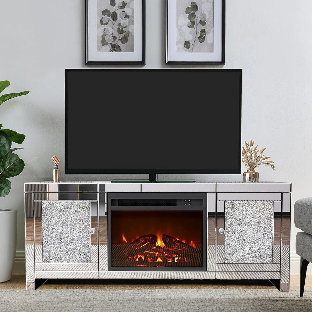 Silver TV Stand, Mirrored Fireplace TV Stand with LED Light Modern Entertainment Center with Storage for Tvs up to 55 Inch