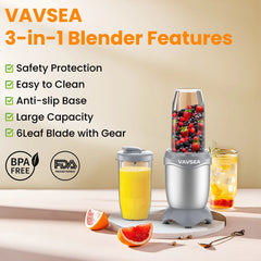 3-In-1 Smoothies Blender, 11 Pcs Countertop Blender for Shakes and Smoothies, BPA Free ,Silver Gray