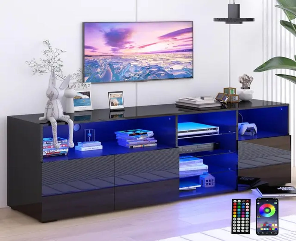 LED TV Stand for 85/75/65 Inch TV, High Glossy Modern Console Entertainment Center with Storage and LED Lights for Living Room