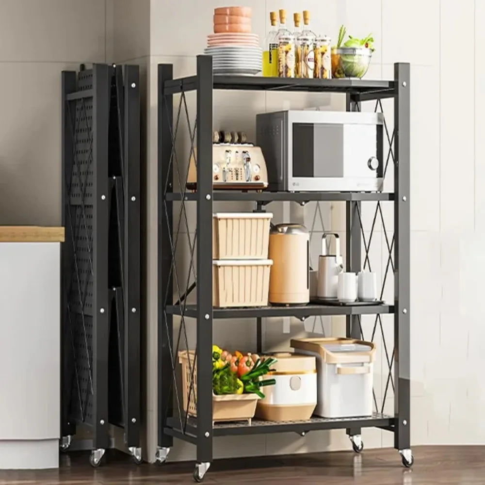 Foldable Metal Storage Rack Multifunctional Living Room Shelf Multilayer Installation Free Kitchen Organizer Trolley Bookshelf