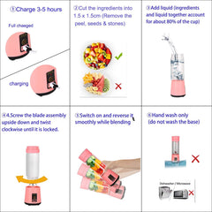 400Ml Portable Blender, USB Rechargeable Smoothie Blender Personal Juicer Cup Fruit Mixer, High Borosilicate Glass Cup, Pink