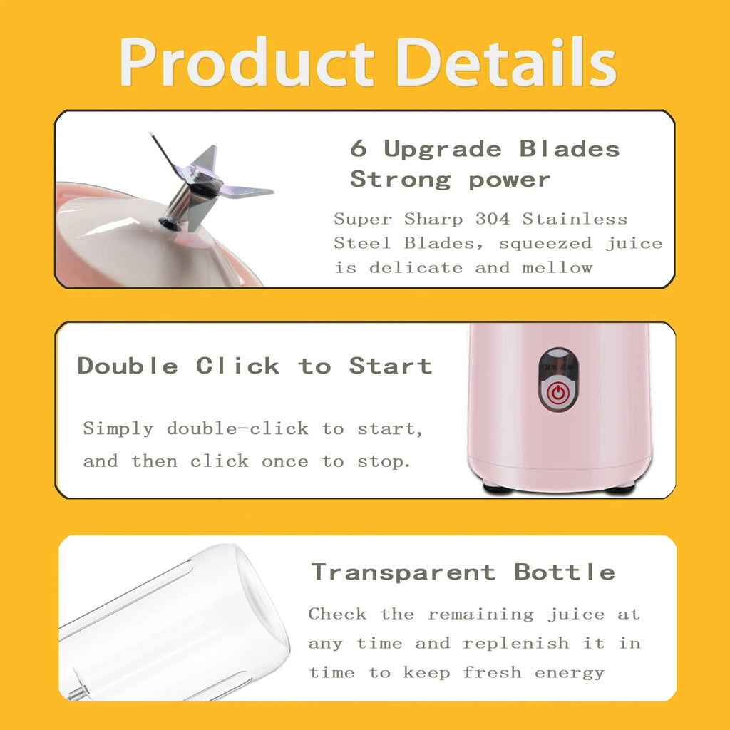 Personal Blender for Smoothies and Juicer Chargable Portable Small Bullet Blender for Shakes, Pink