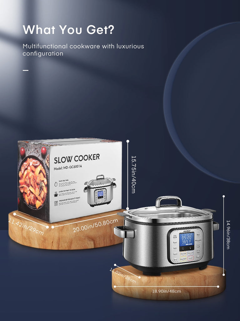 Slow Cooker,  10 in 1 Programmable Cooker, 6Qt Stainless Steel, Rice Cooker, Yogurt Maker, Delay Start, Steaming Rack and Glass Lid, Adjustable Temp&Time for Slow Cook with Digital Timer