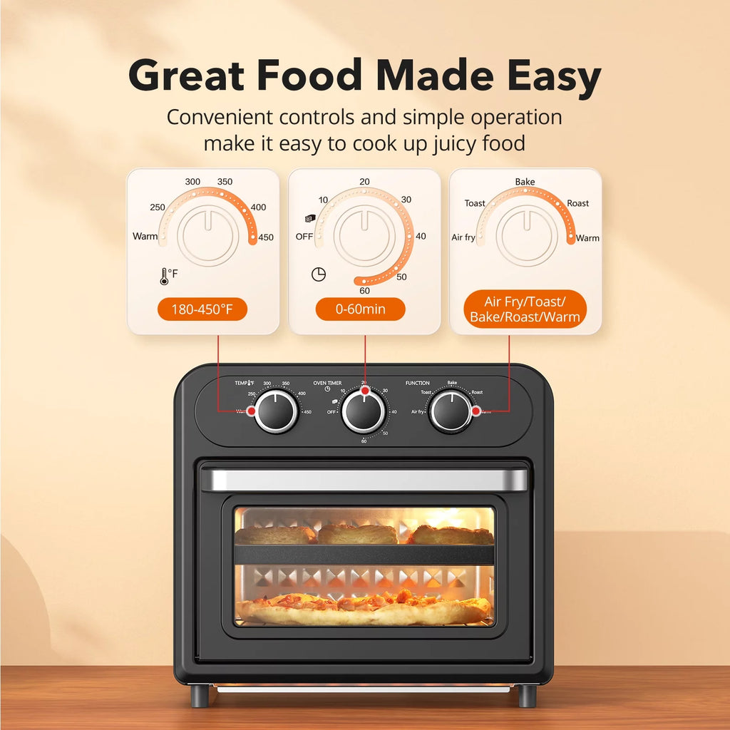Air Fryer, 1700W 14.8 Quart, 5 in 1 Toaster Oven Countertop, Oil-Less Cooking, Stainless Steel, Black