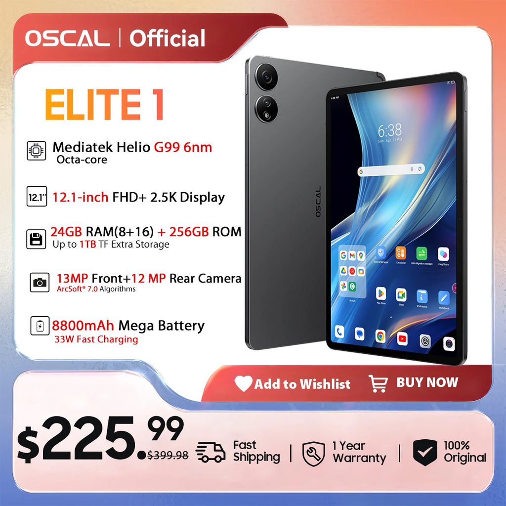 2024  ELITE 1 Tablet Android 14 Blackview 12.1 Inch 2.5K Display MTK Helio G99 8GB 256GB 8800Mah Battery 33W Fast Charging