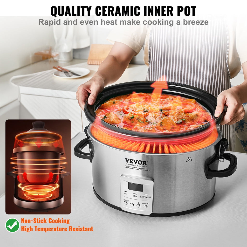 Slow Cooker 6QT 240W Electric Cooker Pot 3-Level Heat Settings 20H Timer