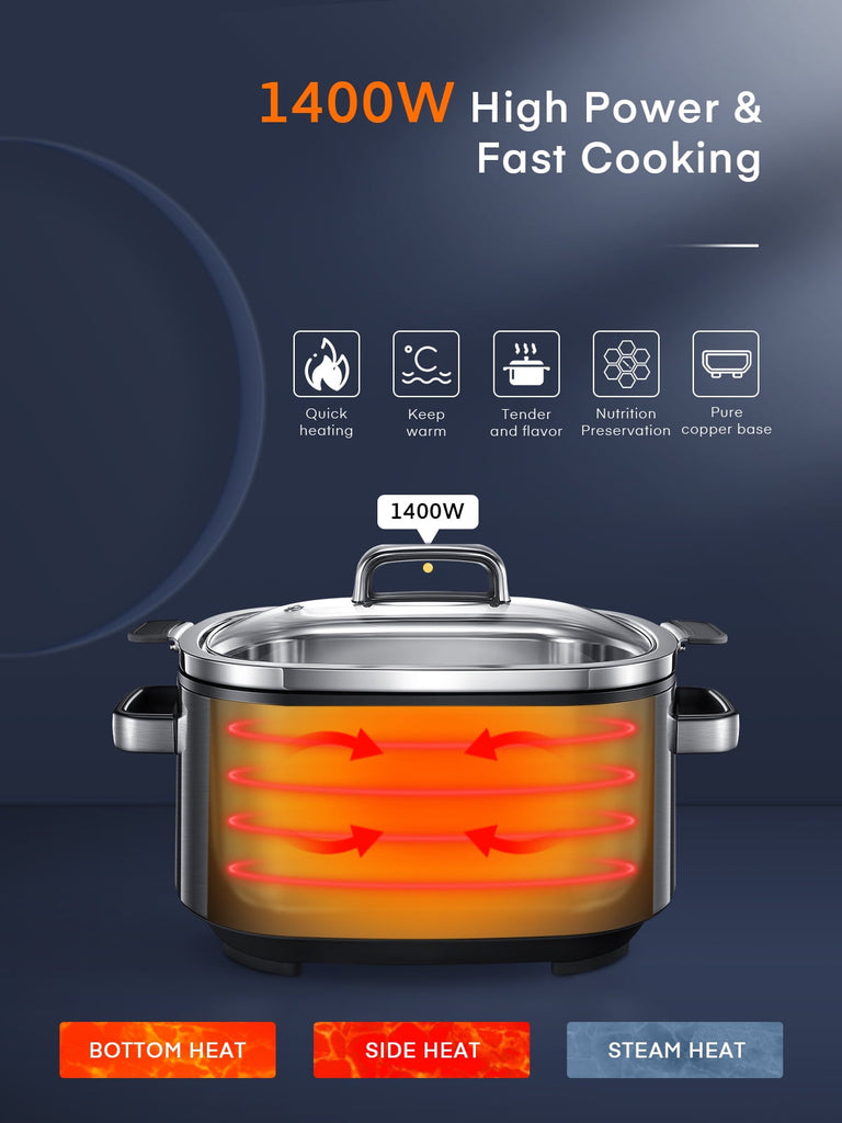 Slow Cooker,  10 in 1 Programmable Cooker, 6Qt Stainless Steel, Rice Cooker, Yogurt Maker, Delay Start, Steaming Rack and Glass Lid, Adjustable Temp&Time for Slow Cook with Digital Timer