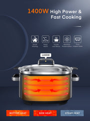 Slow Cooker,  10 in 1 Programmable Cooker, 6Qt Stainless Steel, Rice Cooker, Yogurt Maker, Delay Start, Steaming Rack and Glass Lid, Adjustable Temp&Time for Slow Cook with Digital Timer