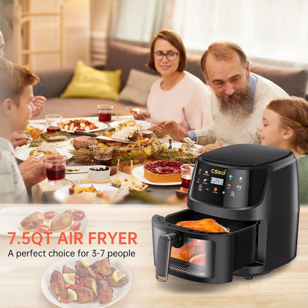 Air Fryer 7.4 QT Large Capacity Touch Screen Smart Fryers Household Multi-Function Window Visible Air Fryer That Crisps, Roasts, Reheats, & Dehydrates,Including Air Fryer Paper Liners 50Pcs,Black