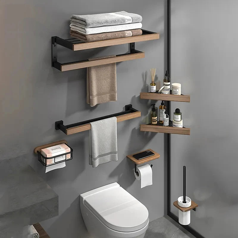 Bathroom Hardware Set, Black Wood Bath Accessories Wall Mounted Towel Rack,Towel Bar,Toilet Brush,Towel Hooks,Paper Holder