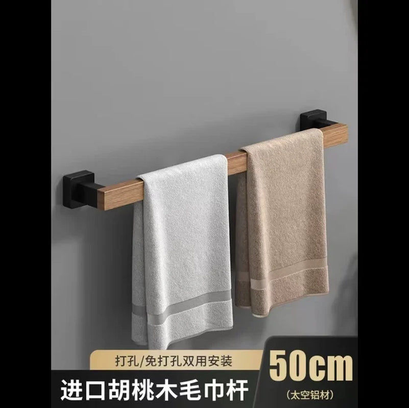 Bathroom Hardware Set, Black Wood Bath Accessories Wall Mounted Towel Rack,Towel Bar,Toilet Brush,Towel Hooks,Paper Holder