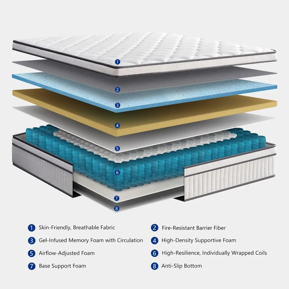 Mattress, Gel Memory Foam Mattresses, Individually Inner Spring Hybrid Mattresses, 12 Inch Mattress