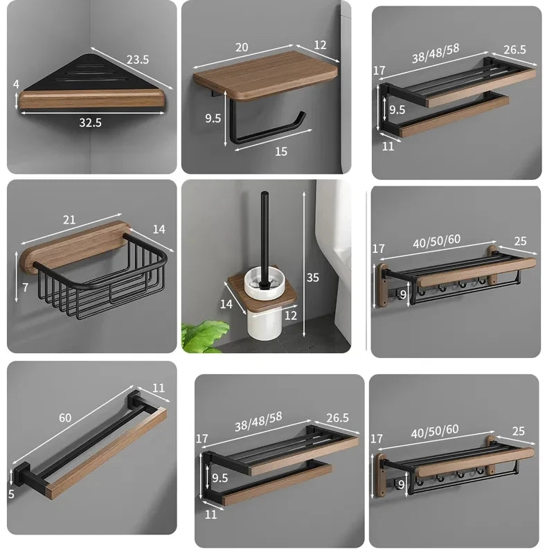 Bathroom Hardware Set, Black Wood Bath Accessories Wall Mounted Towel Rack,Towel Bar,Toilet Brush,Towel Hooks,Paper Holder