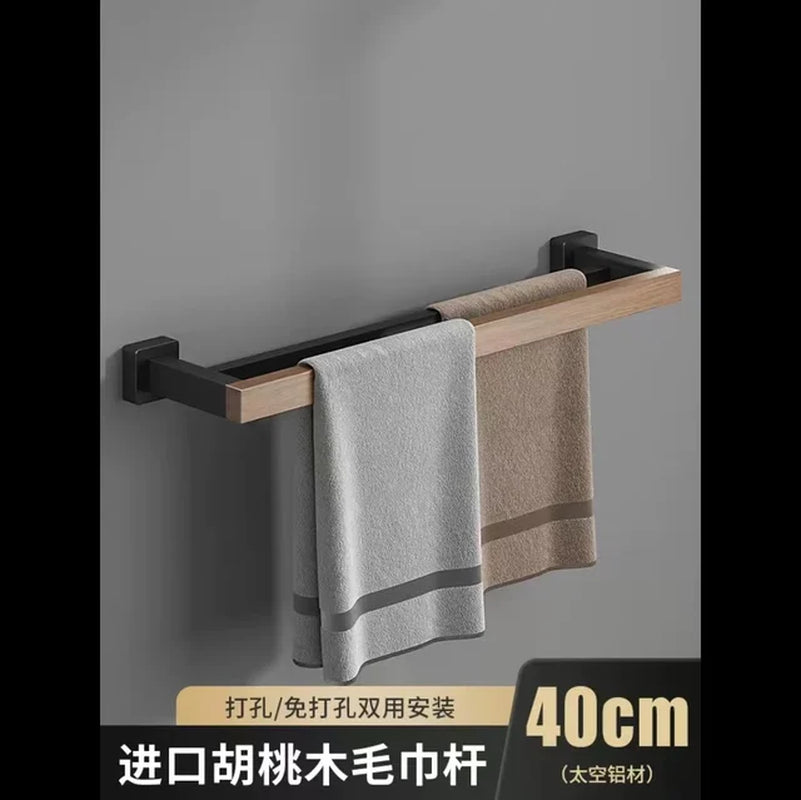 Bathroom Hardware Set, Black Wood Bath Accessories Wall Mounted Towel Rack,Towel Bar,Toilet Brush,Towel Hooks,Paper Holder