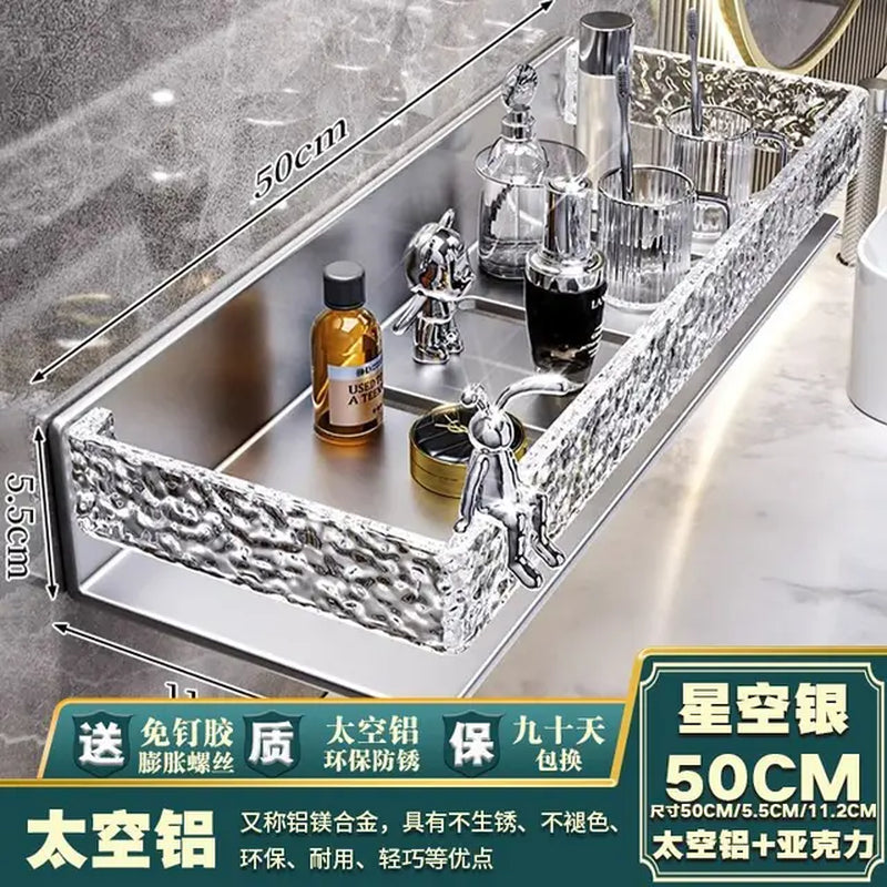 Silver Acrylic Metallic Bathroom Accessory Storage Rack with Rabbit Model Wall Mounted Free Perforated Towel Bar Luxurious Shelf