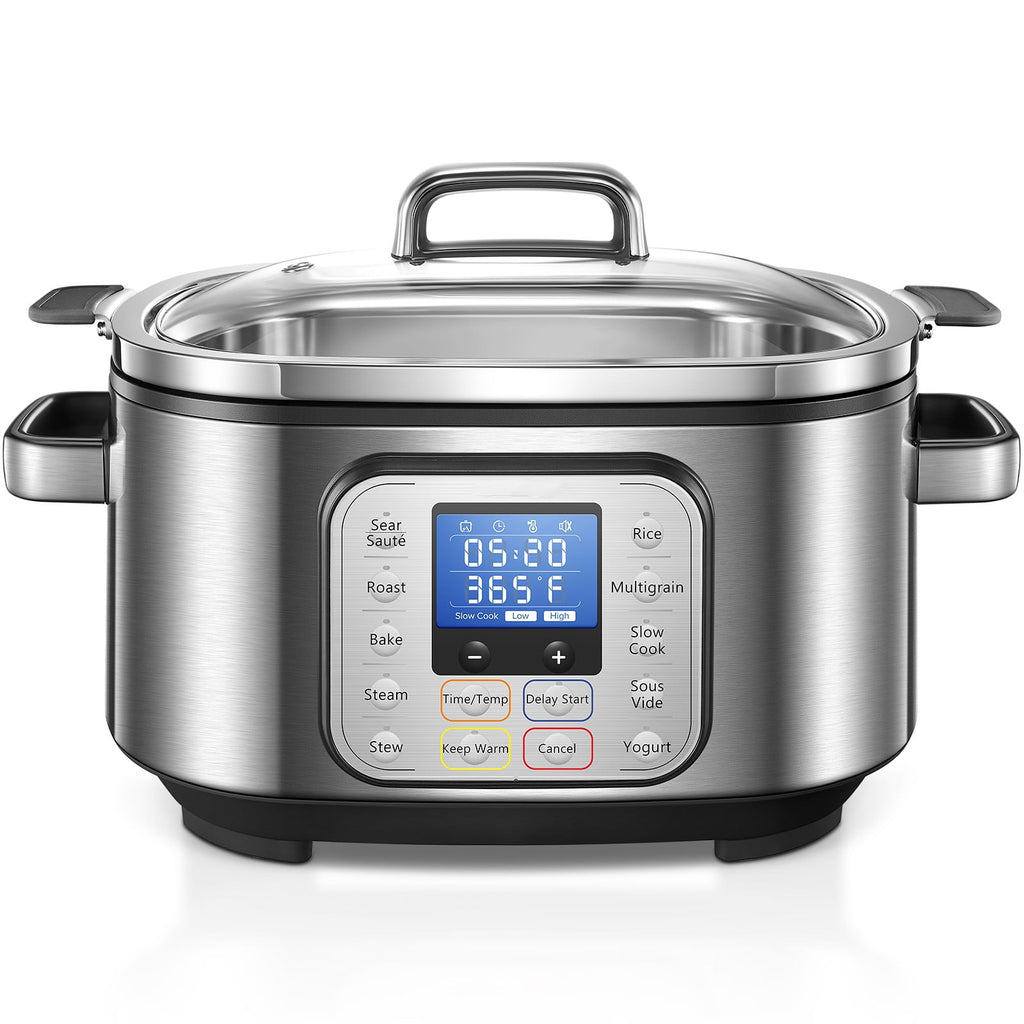 Slow Cooker,  10 in 1 Programmable Cooker, 6Qt Stainless Steel, Rice Cooker, Yogurt Maker, Delay Start, Steaming Rack and Glass Lid, Adjustable Temp&Time for Slow Cook with Digital Timer