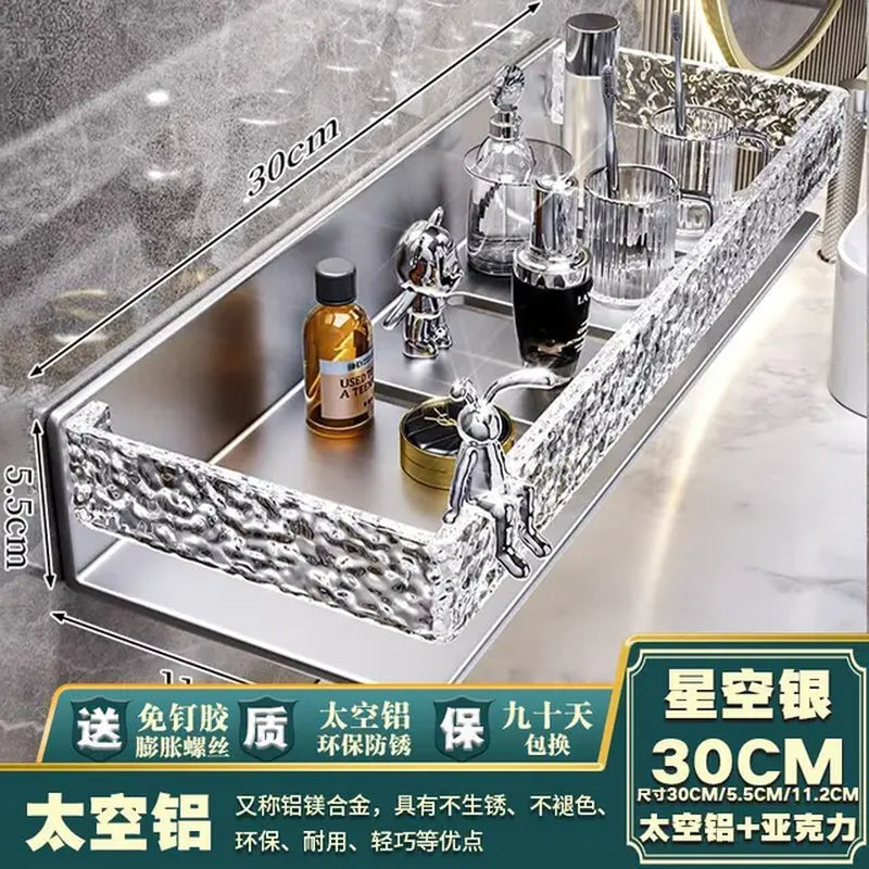 Silver Acrylic Metallic Bathroom Accessory Storage Rack with Rabbit Model Wall Mounted Free Perforated Towel Bar Luxurious Shelf