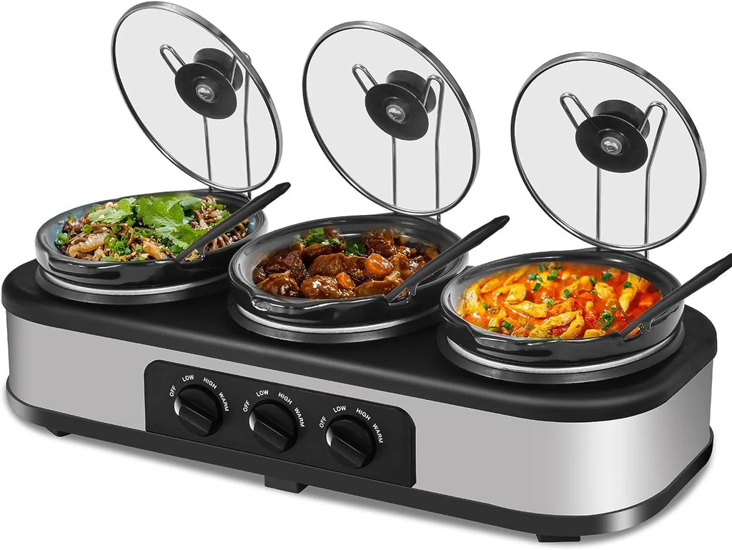 Triple Slow Cooker, 3X1.5 Quart Electric Slow Cooker Buffet Server, Food Warmer Cooking Pot, Adjustable Temp Removable Ceramic Pots Lid Rests