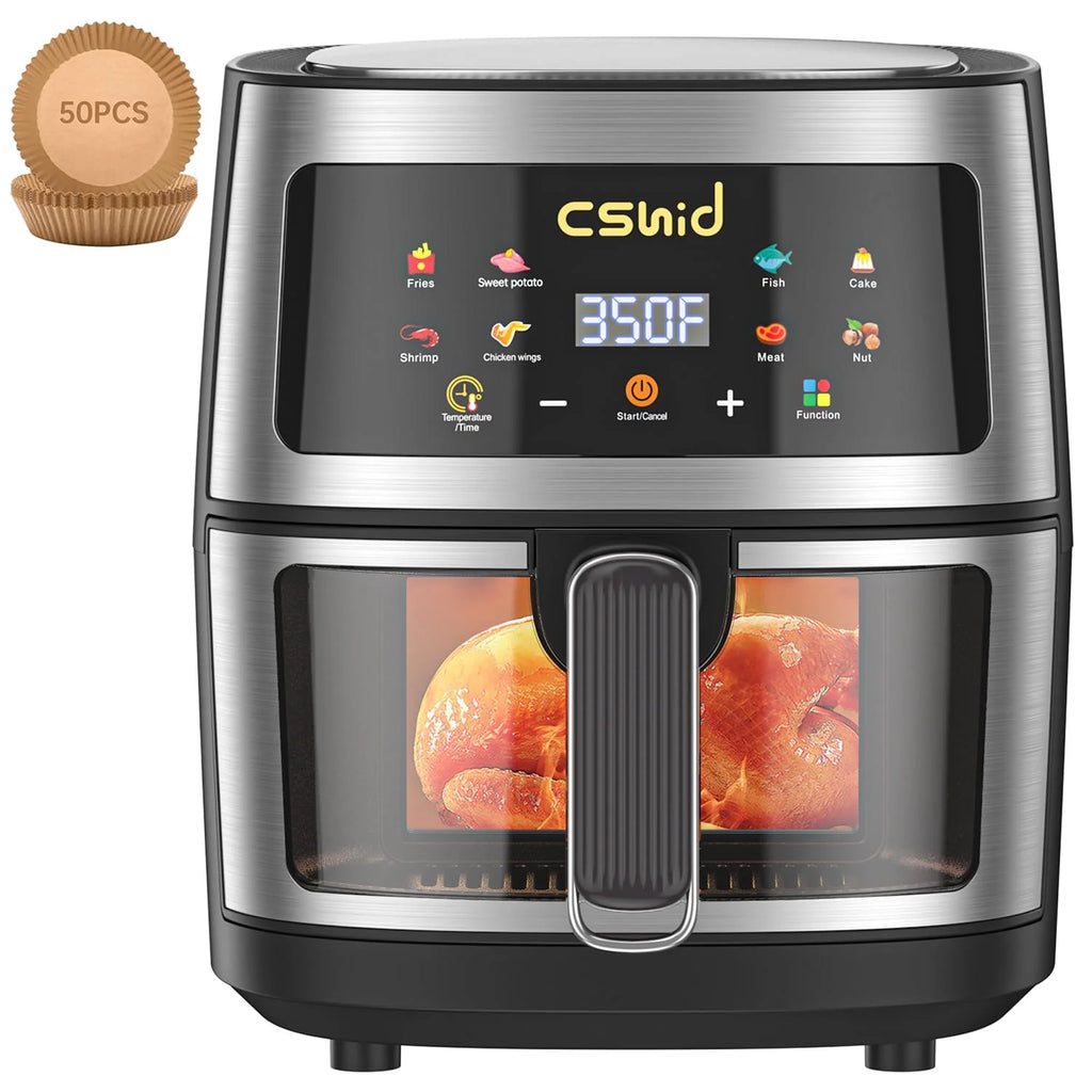 Air Fryer 7.4 QT Large Capacity Touch Screen Smart Fryers Household Multi-Function Window Visible Air Fryer That Crisps, Roasts, Reheats, & Dehydrates,Including Air Fryer Paper Liners 50Pcs,Black