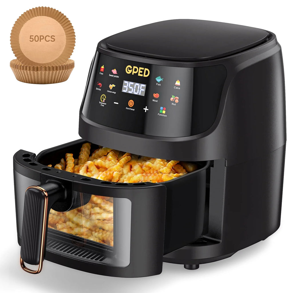 Air Fryers, 7.5 QT 8-In-1 Oilless Air Fryer Oven with Visible Cooking Window, One-Touch Screen, Nonstick and Dishwasher-Safe Basket, Customized Temp/Time, Including Air Fryer Paper Liners 50PCS, Black