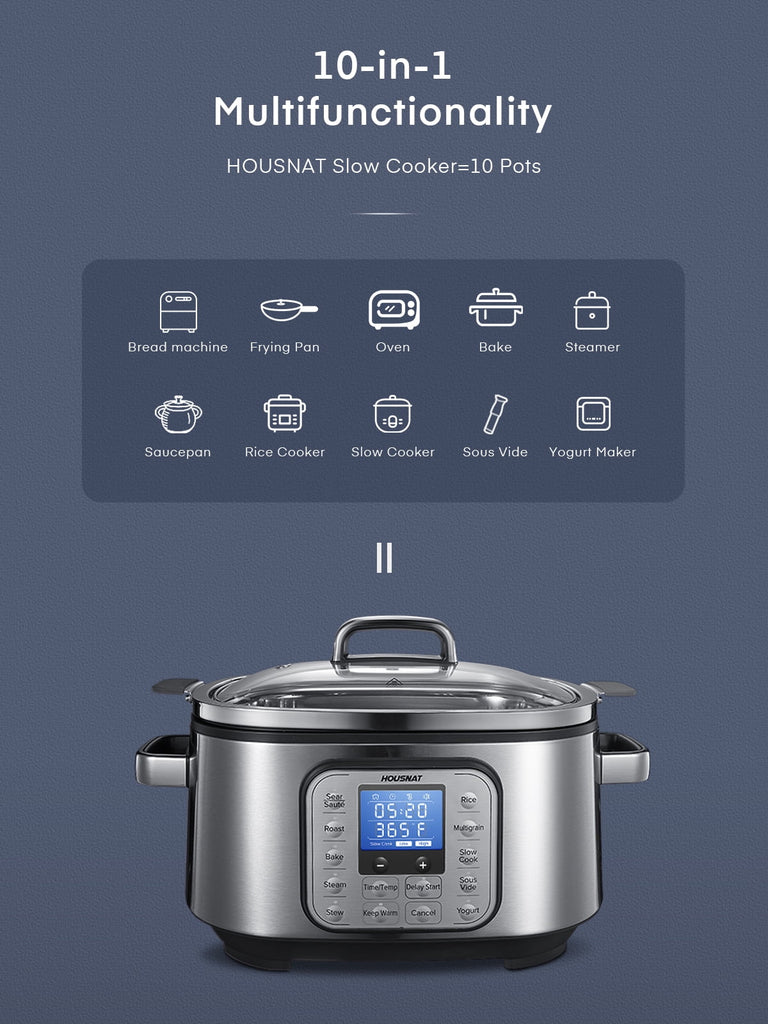 Slow Cooker,  10 in 1 Programmable Cooker, 6Qt Stainless Steel, Rice Cooker, Yogurt Maker, Delay Start, Steaming Rack and Glass Lid, Adjustable Temp&Time for Slow Cook with Digital Timer