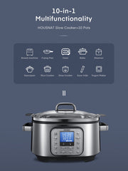 Slow Cooker,  10 in 1 Programmable Cooker, 6Qt Stainless Steel, Rice Cooker, Yogurt Maker, Delay Start, Steaming Rack and Glass Lid, Adjustable Temp&Time for Slow Cook with Digital Timer