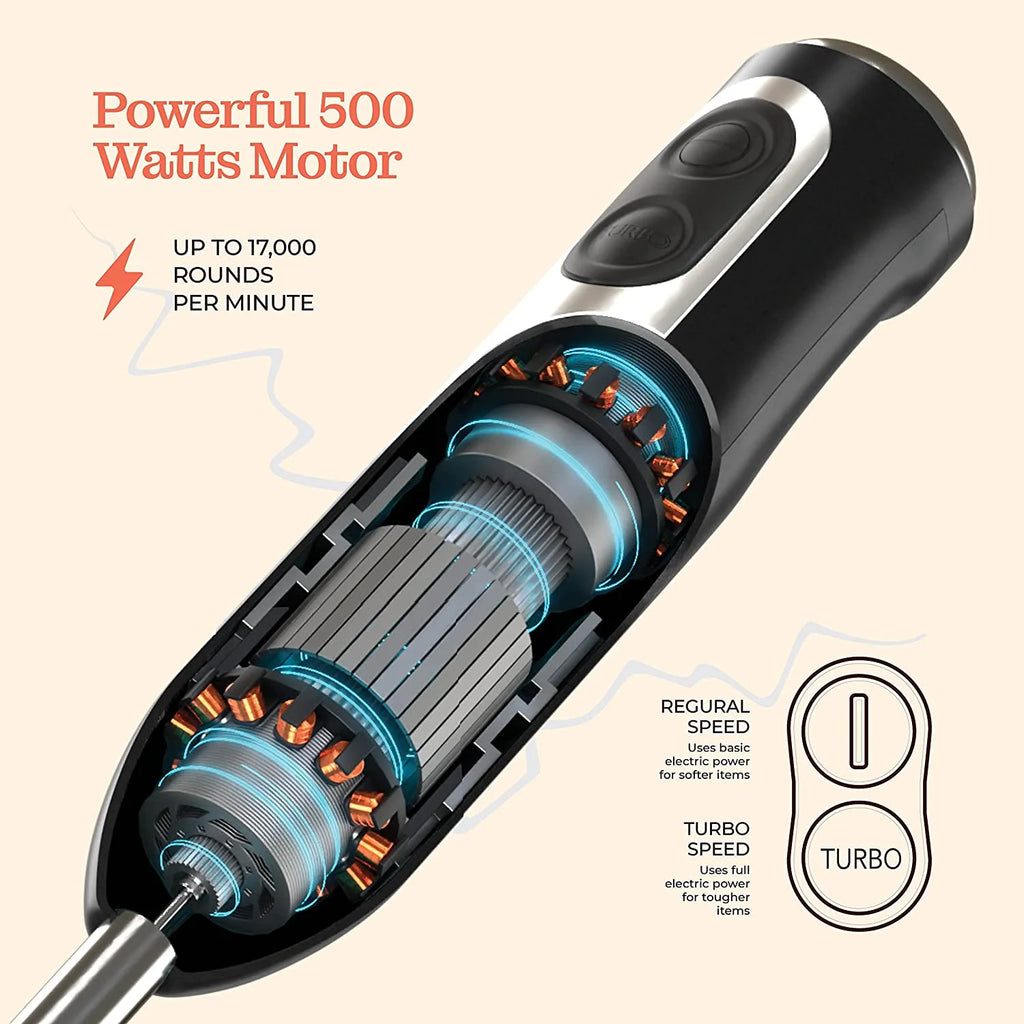 Powerful Immersion Blender, Electric Hand Blender 500 Watt with Turbo Mode, Detachable Base. Handheld Kitchen Blender Stick for Soup, Smoothie, Puree, Baby Food, 304 Stainless Steel Blades Black