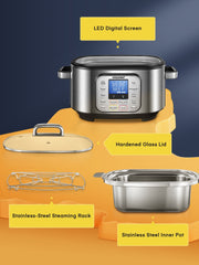 Slow Cooker,  10 in 1 Programmable Cooker, 6Qt Stainless Steel, Rice Cooker, Yogurt Maker, Delay Start, Steaming Rack and Glass Lid, Adjustable Temp&Time for Slow Cook with Digital Timer
