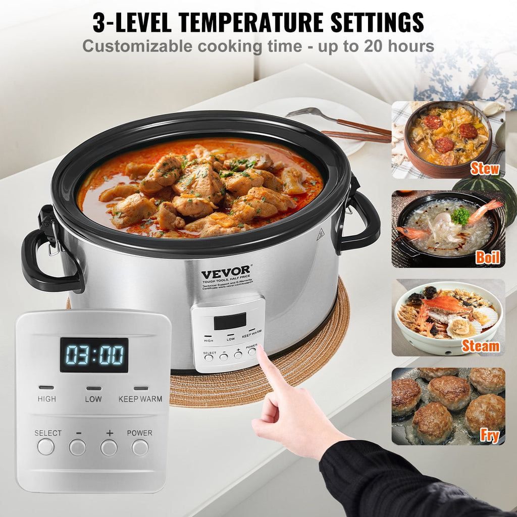 Slow Cooker 6QT 240W Electric Cooker Pot 3-Level Heat Settings 20H Timer