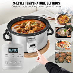 Slow Cooker 6QT 240W Electric Cooker Pot 3-Level Heat Settings 20H Timer