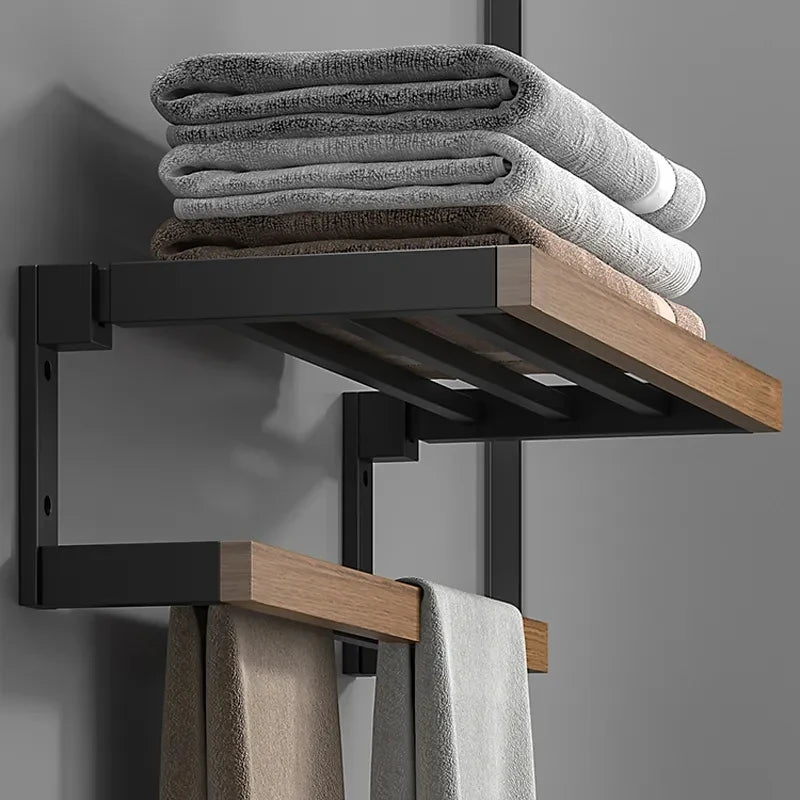 Bathroom Hardware Set, Black Wood Bath Accessories Wall Mounted Towel Rack,Towel Bar,Toilet Brush,Towel Hooks,Paper Holder