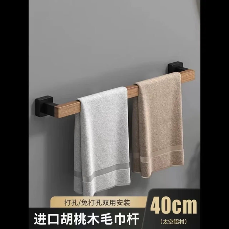 Bathroom Hardware Set, Black Wood Bath Accessories Wall Mounted Towel Rack,Towel Bar,Toilet Brush,Towel Hooks,Paper Holder