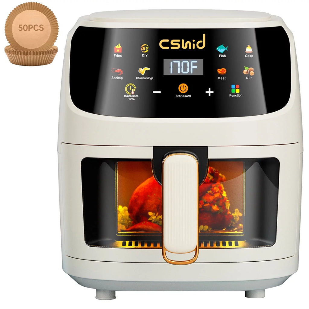 Air Fryer 7.4 QT Large Capacity Touch Screen Smart Fryers Household Multi-Function Window Visible Air Fryer That Crisps, Roasts, Reheats, & Dehydrates,Including Air Fryer Paper Liners 50Pcs,Black