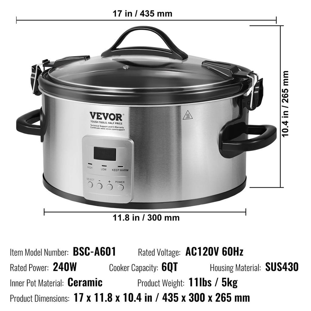 Slow Cooker 6QT 240W Electric Cooker Pot 3-Level Heat Settings 20H Timer