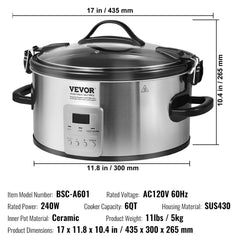 Slow Cooker 6QT 240W Electric Cooker Pot 3-Level Heat Settings 20H Timer