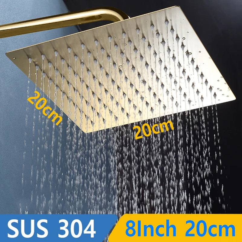 Rushed Golden Shower Head Bathroom Sus 304 Stainless Steel Rainfall Rain Wall Mounted 8 "/10"/12" Shower Head Faucet Accessories